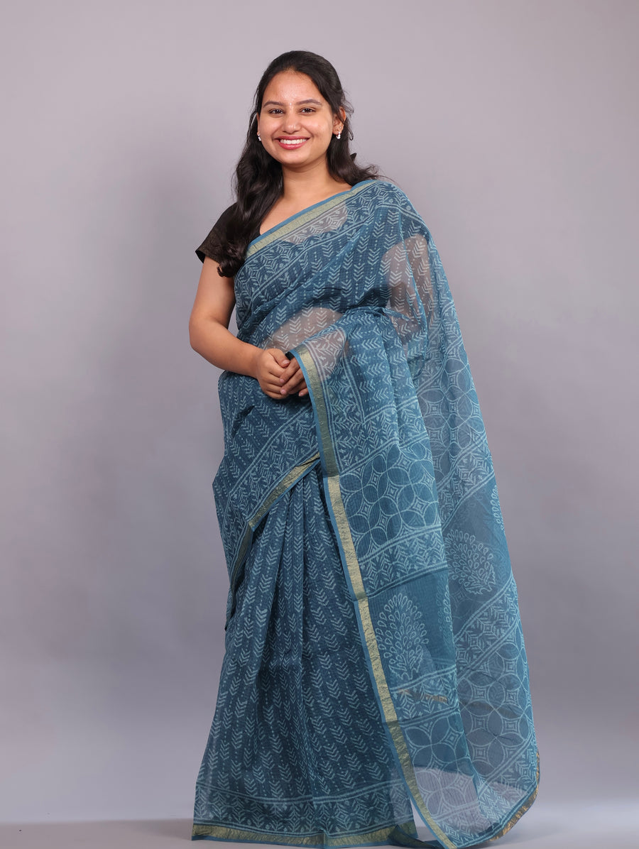 Pure Kota Doria Saree with Bagru Handblock Prints – Teal Blue | Looms&Tassels