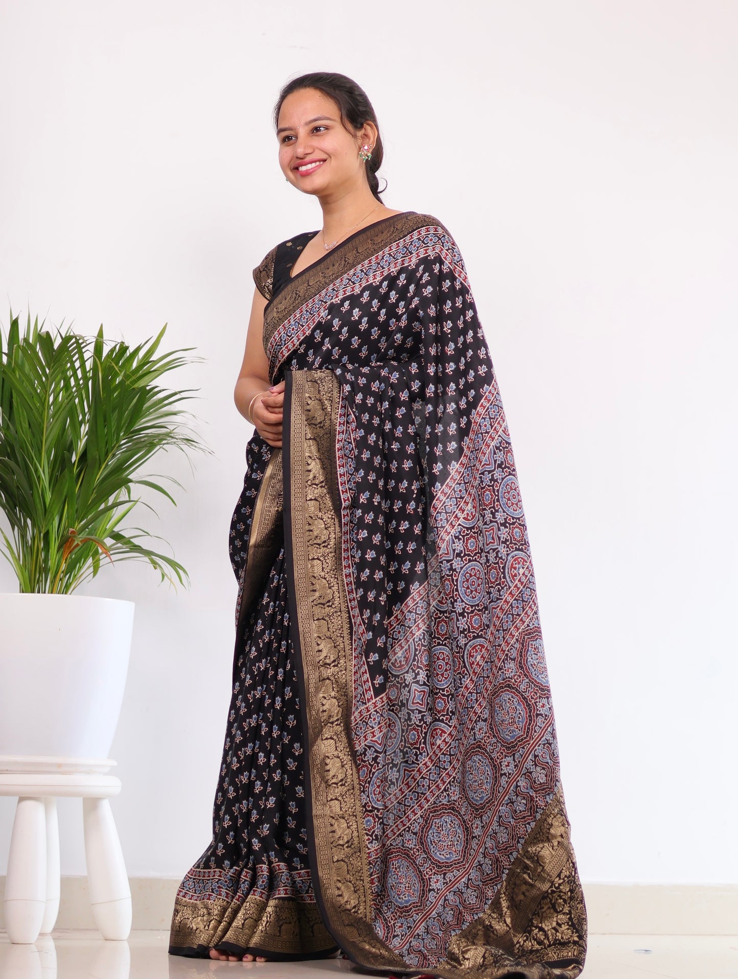 Ajrakh Dola Silk Saree