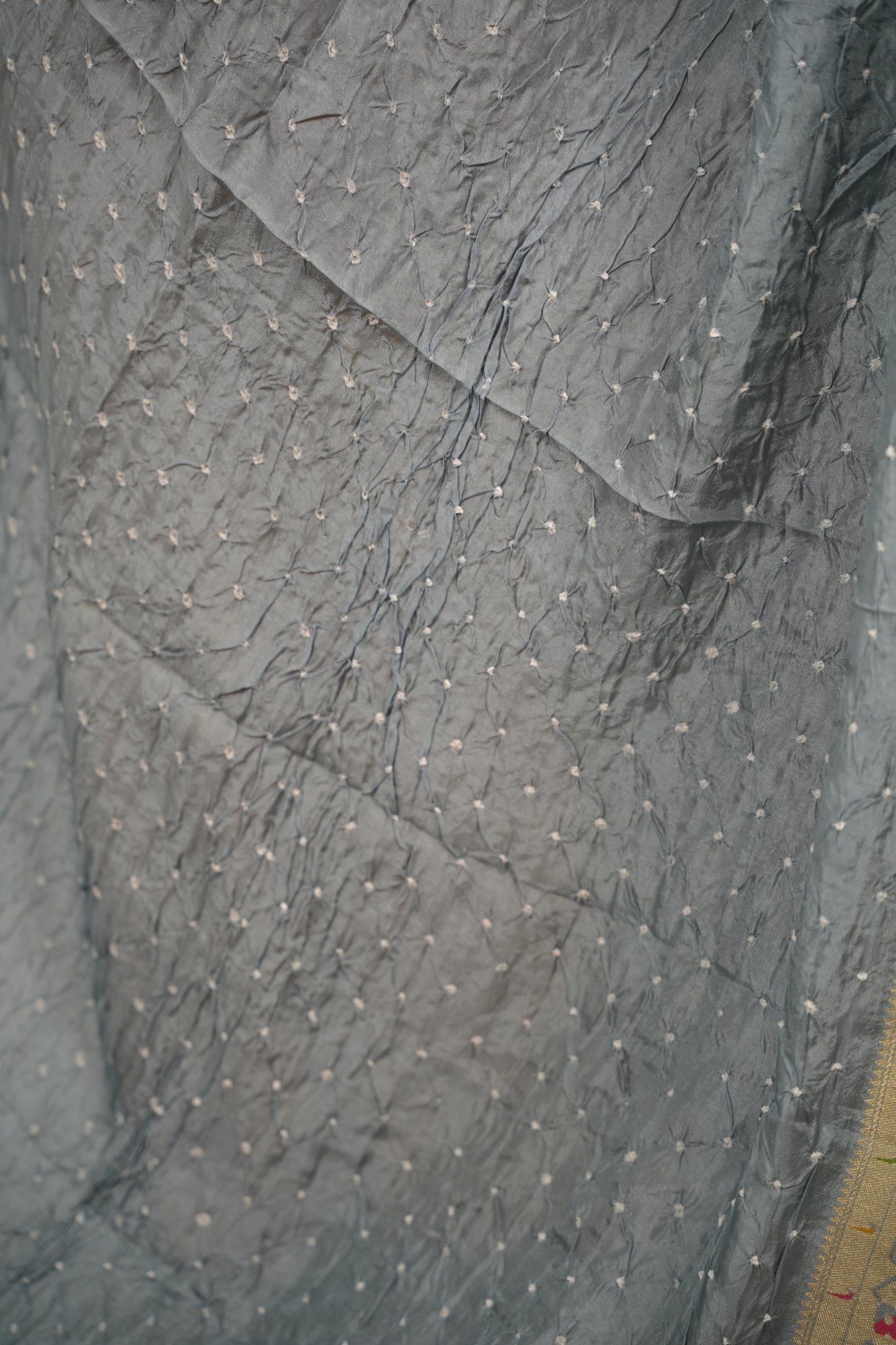 Gray Handcrafted Bandhani Paithani Dola Silk Saree | Looms & Tassels