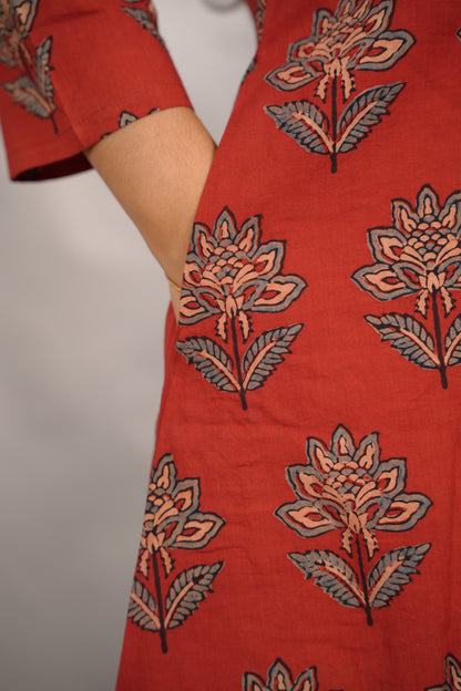 Red Ajrakh Hand Block Printed Pure Mul Cotton A-line Kurta | Looms & Tassels