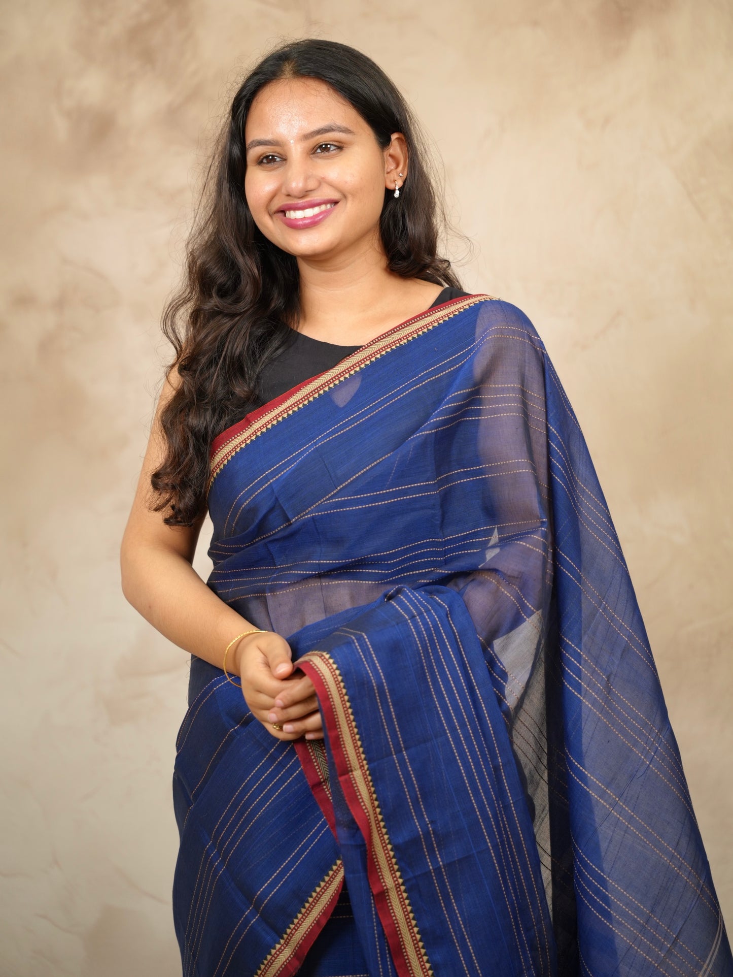 Blue Narayanpet Cotton Saree lines weaving | Looms & Tassels