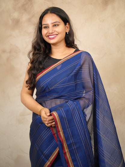 Blue Narayanpet Cotton Saree lines weaving | Looms & Tassels