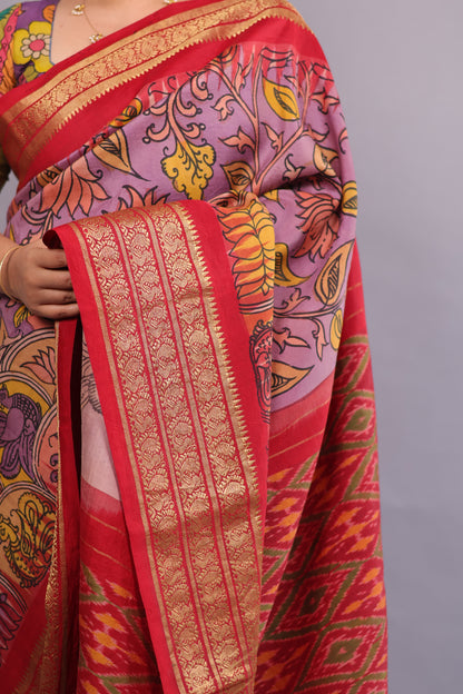 Lavender Kanchi Pattu Hand Painted Pen Kalamkari Saree
