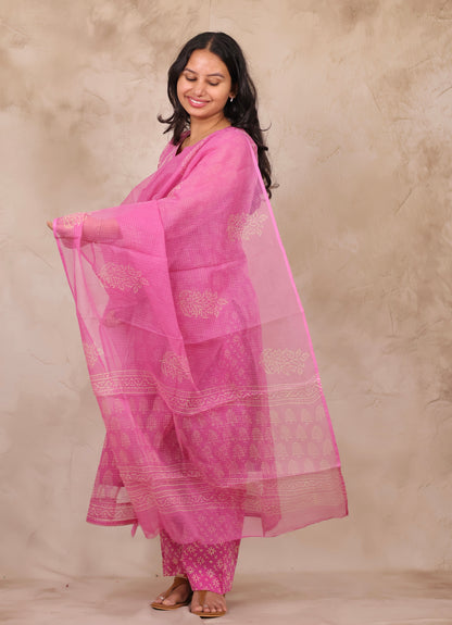 Pastel Pink Bagru Handblock printed kota 3 piece suit (stitched)