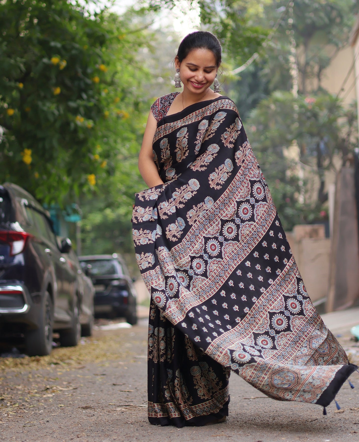 Black Ajrakh Modal Silk Saree