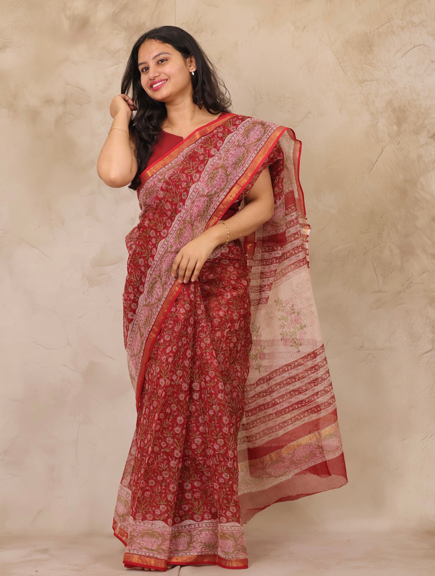 Maroon Pure Kota Doria Saree with Bagru Handblock Prints | Looms & Tassels