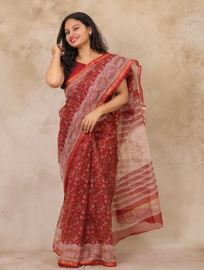 Maroon Pure Kota Doria Saree with Bagru Handblock Prints | Looms & Tassels