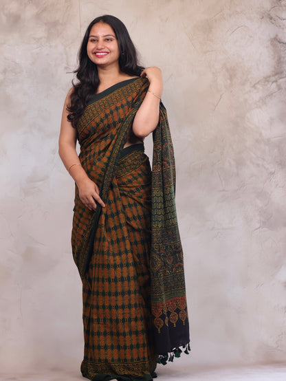 Green Ajrakh Hand Block Printed Mul Cotton Saree | Looms & Tassels