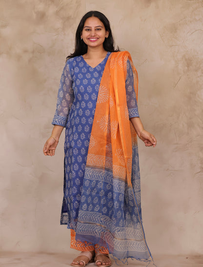 Blue Handblock printed kota 3 piece suit (stitched)