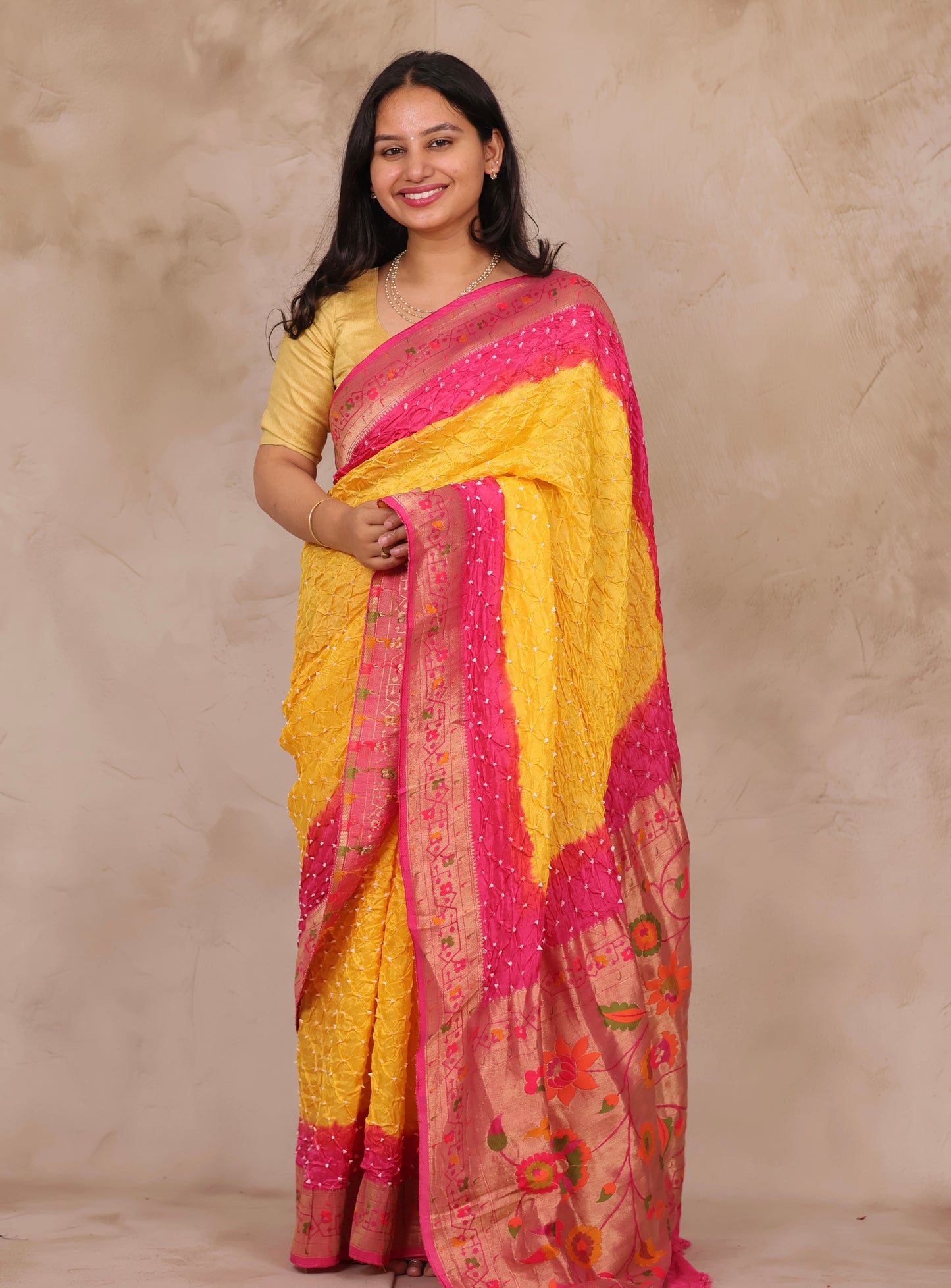 Pink & Yellow Handcrafted Bandhani Paithani Dola Silk Saree | Looms & Tassels