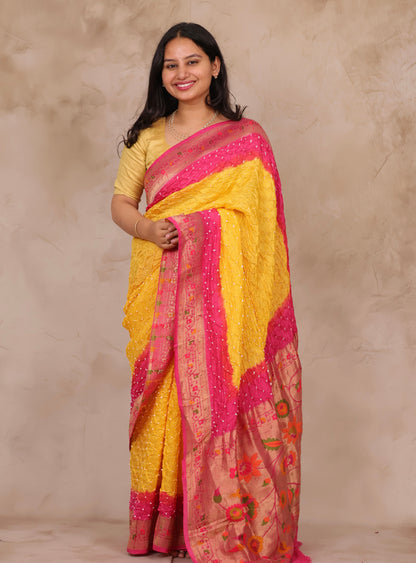 Pink & Yellow Handcrafted Bandhani Paithani Dola Silk Saree | Looms & Tassels