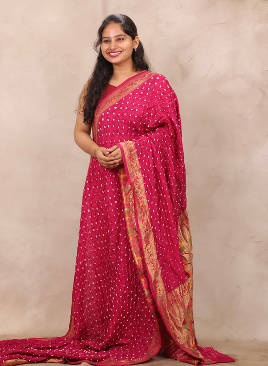 Pink Handcrafted Bandhani Paithani Dola Silk Saree | Looms & Tassels
