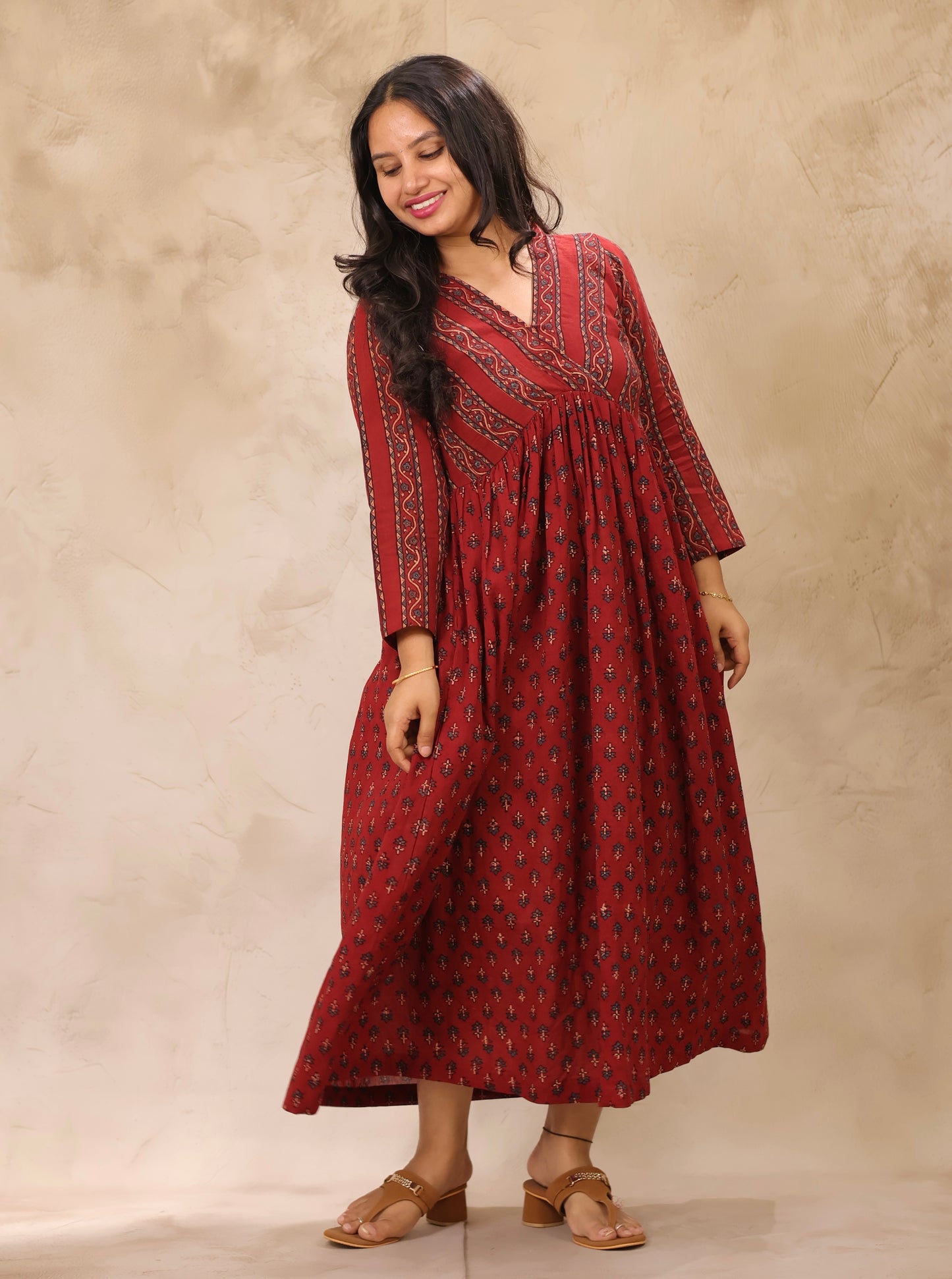Maroon Ajrakh Hand Block Printed Pure Mul Cotton Aline Kurta | Looms & Tassels