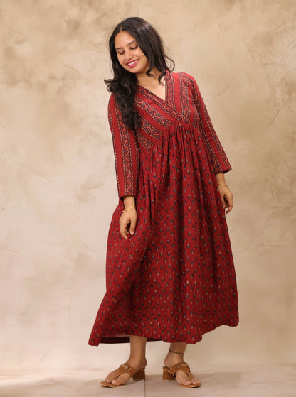 Maroon Ajrakh Hand Block Printed Pure Mul Cotton Aline Kurta | Looms & Tassels
