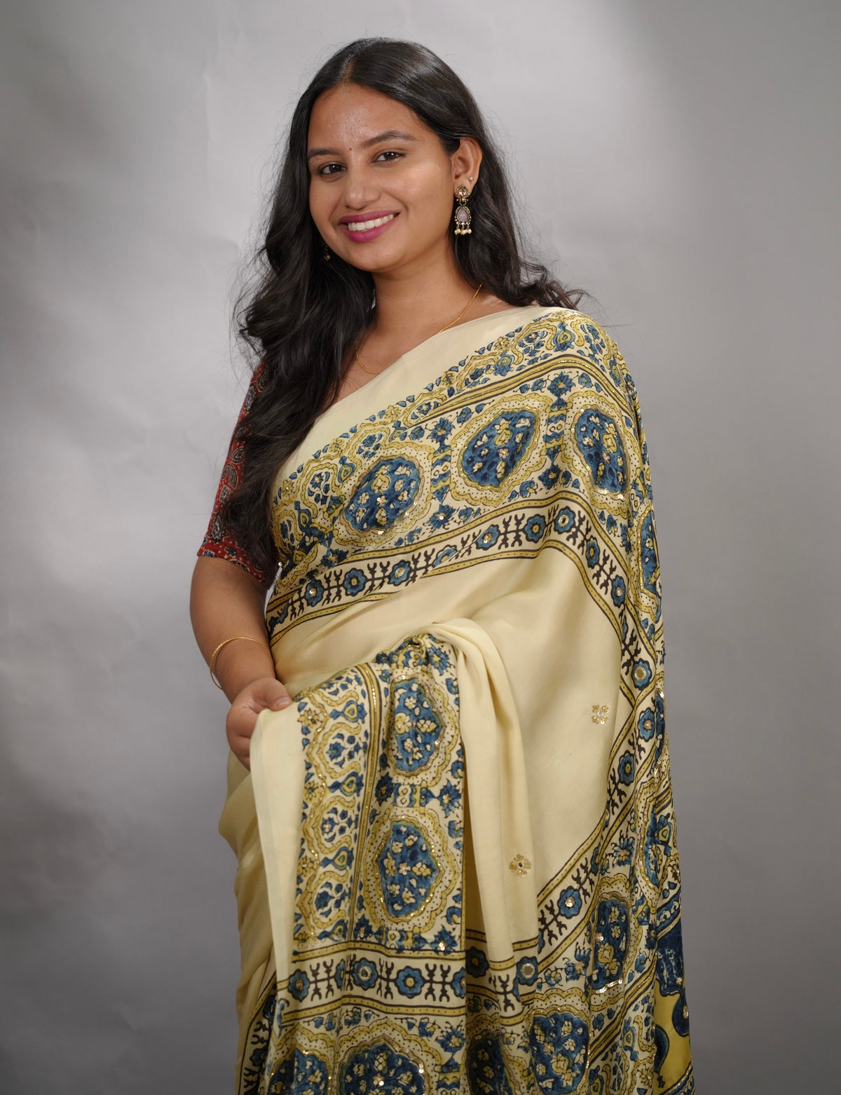 Off White Ajrakh Modal Silk Hand Embroidery Saree  | Looms & Tassels