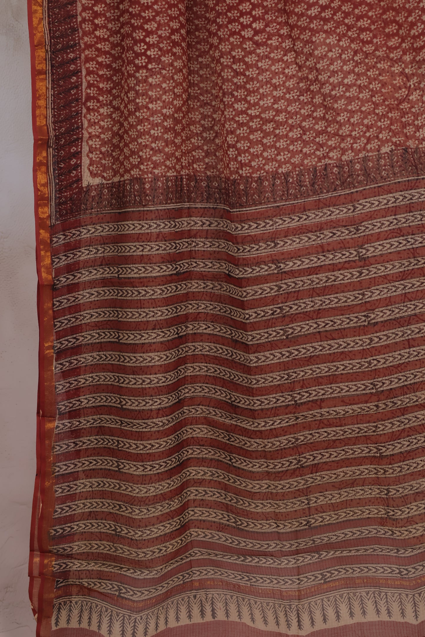 Brown Pure Kota Doria Saree with Bagru Handblock Prints | Looms & Tassels