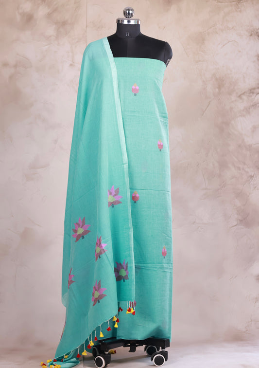 Sea Green Handwoven Jamdhani weaving pure Malai cotton 2 piece suit sets | Looms & Tassels