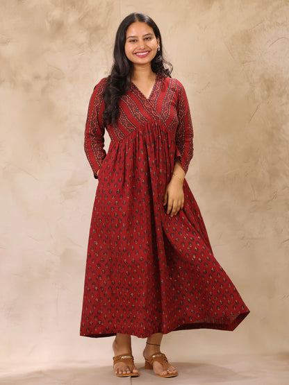 Maroon Ajrakh Hand Block Printed Pure Mul Cotton Aline Kurta | Looms & Tassels