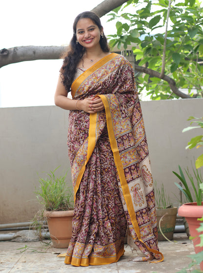 Maroon Hand Block Printed Kalamkari Nizam Border Silk Sare