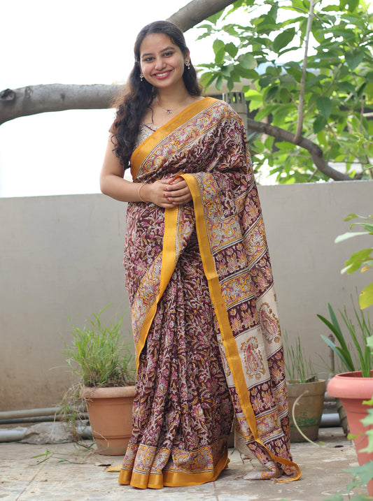 Maroon Hand Block Printed Kalamkari Nizam Border Silk Sare