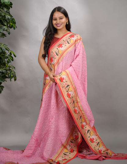 Pastel pink Handcrafted Bandhani Paithani Dola Silk Saree | Looms & Tassels