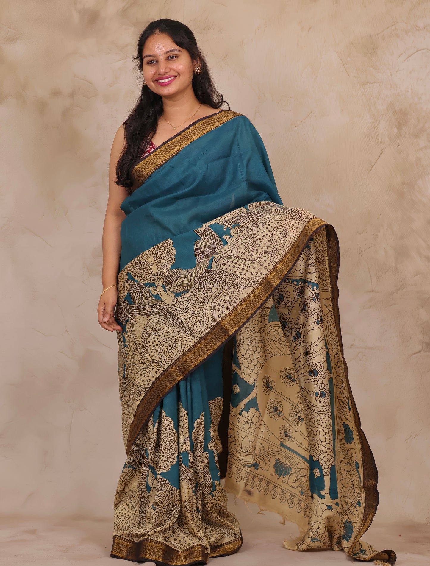 Blue Kalamkari Nizam Border Chennur Silk Saree | Looms & Tassels