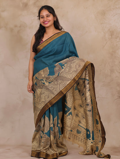 Blue Kalamkari Nizam Border Chennur Silk Saree | Looms & Tassels