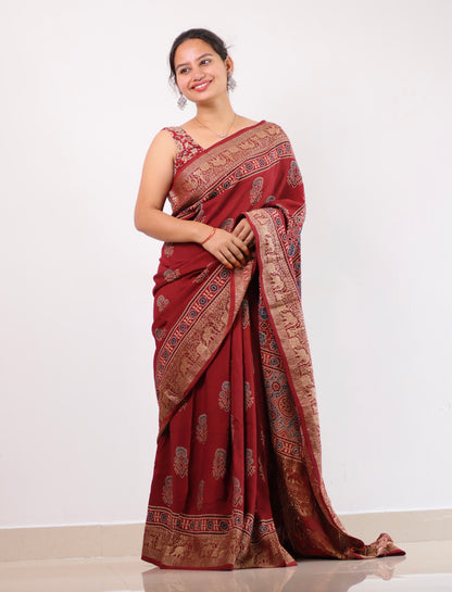 Ajrakh Dola Silk Saree