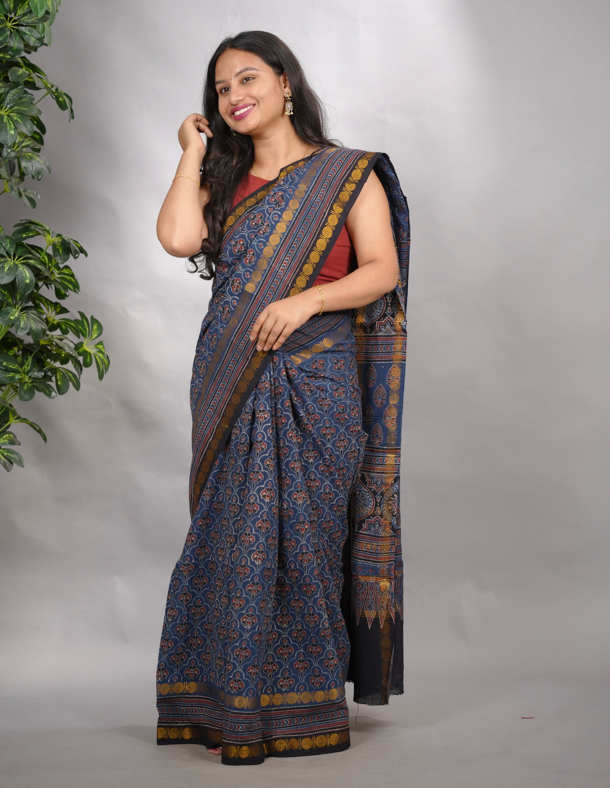 Indigo Ajrakh Hand Block Printed Sungudi Cotton Saree | Looms & Tassels