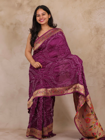 Magenta Handcrafted Pattern Bandhani Paithani Dola Silk Saree | Looms & Tassels