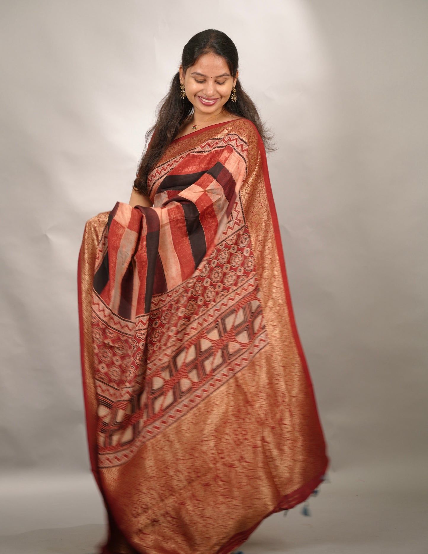 Contemporary Ajrakh Handblock printed Dola Silk Saree | Looms & Tassels