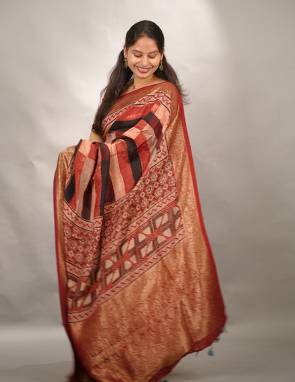 Contemporary Ajrakh Handblock printed Dola Silk Saree | Looms & Tassels