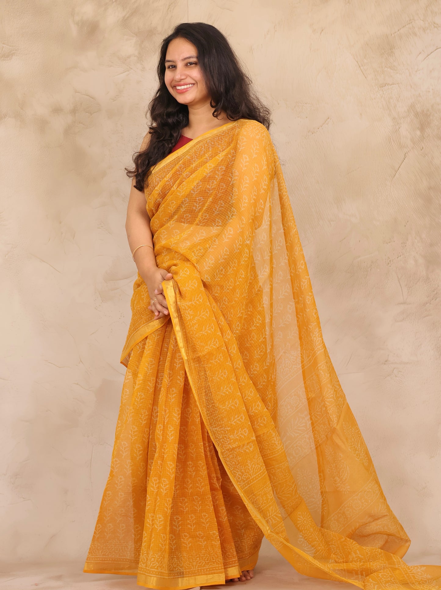 Yellow Pure Kota Doria Saree with Bagru Handblock Prints | Looms & Tassels