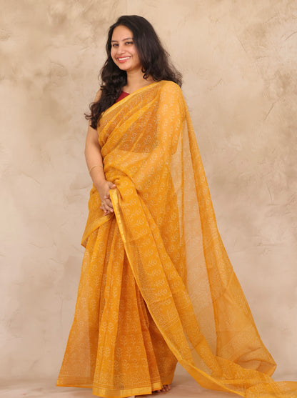 Yellow Pure Kota Doria Saree with Bagru Handblock Prints | Looms & Tassels