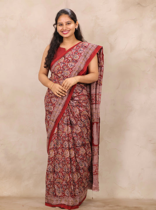 Red Hand Block Printed Kalamkari Cotton Saree | Looms & Tassels