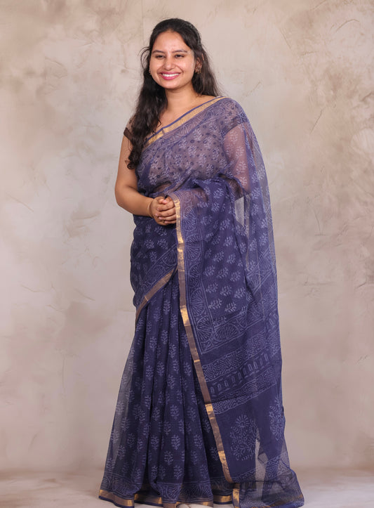 Blue Pure Kota Doria Saree with Bagru Handblock Prints | Looms & Tassels