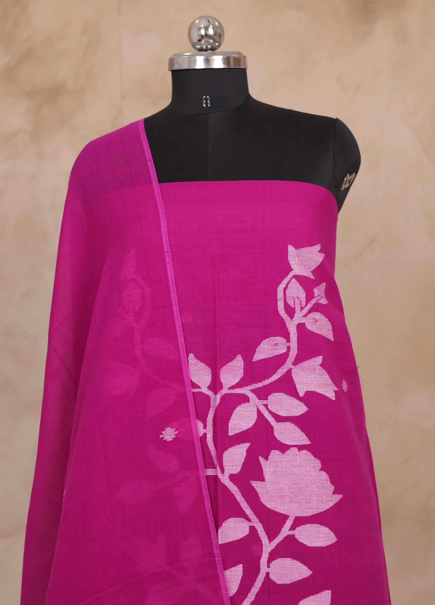 Magenta Handwoven Jamdhani weaving pure Malai cotton 2 piece suit sets | Looms & Tassels