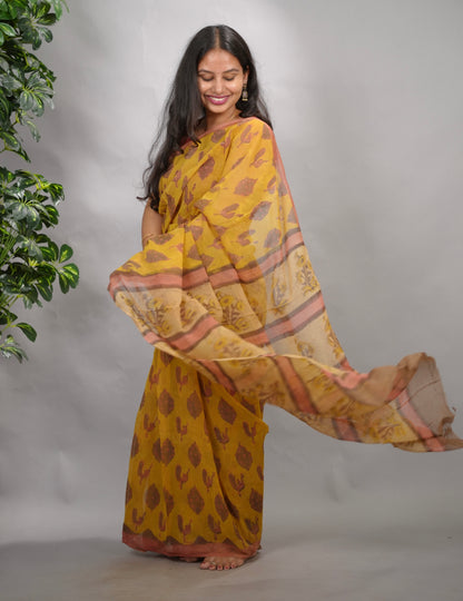 Mustard & Peach Chiffon Hand Block Printed Saree | Looms & Tassels
