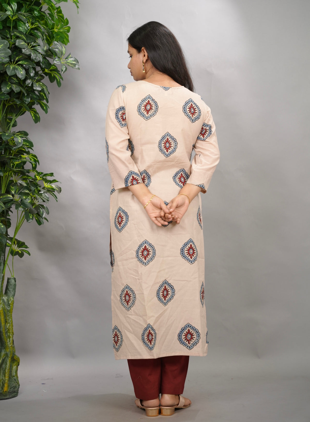 Cream Ajrakh Pattern Hand Block printed Kurti | Looms & Tassels