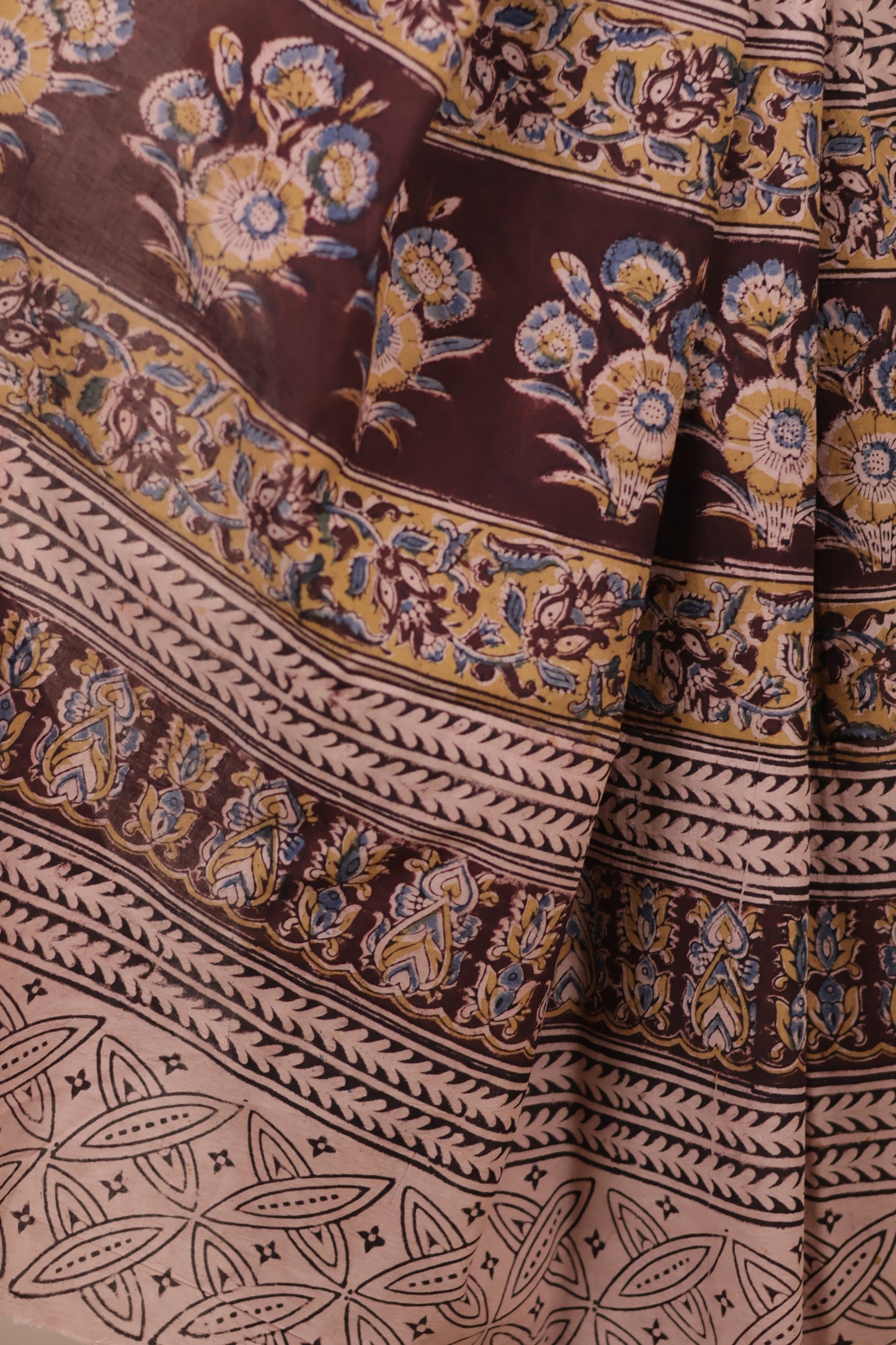 Cream Hand Block Printed Kalamkari Cotton Saree | Looms & Tassels