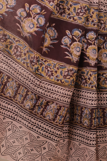 Cream Hand Block Printed Kalamkari Cotton Saree | Looms & Tassels
