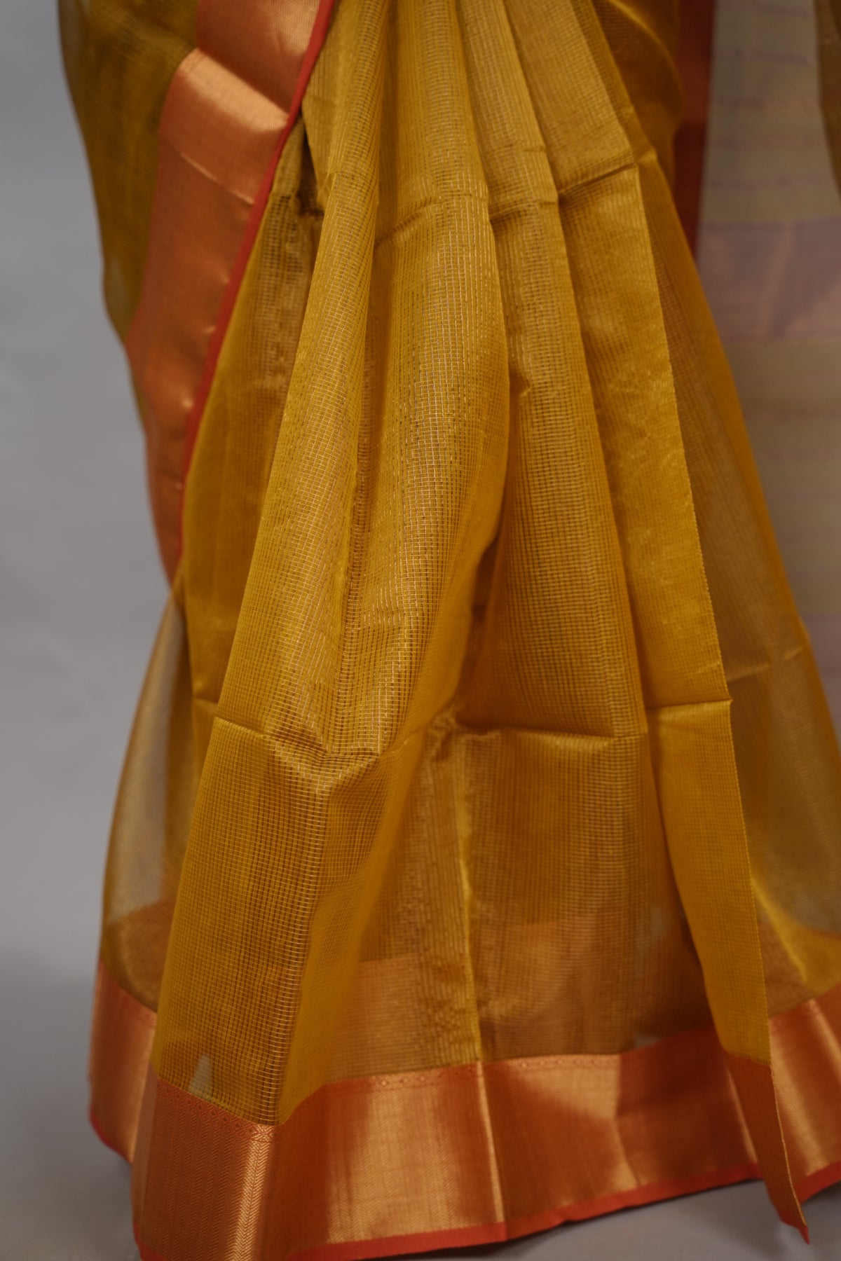 Mustard Yellow Checks Handloom Maheswari Tissue Silk Cotton Sarees | Looms & Tassels