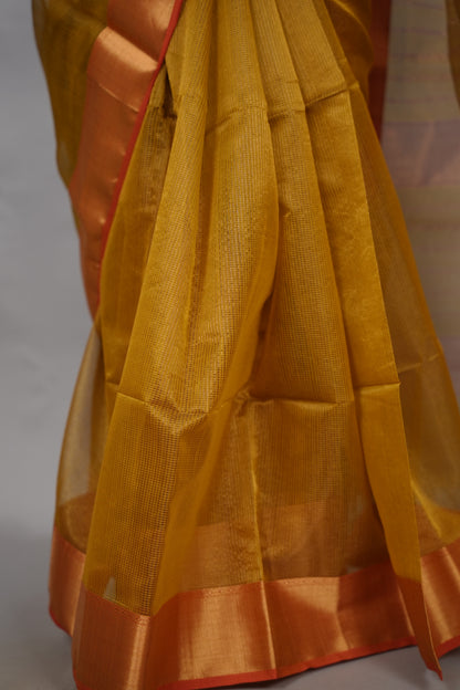 Mustard Yellow Checks Handloom Maheswari Tissue Silk Cotton Sarees | Looms & Tassels