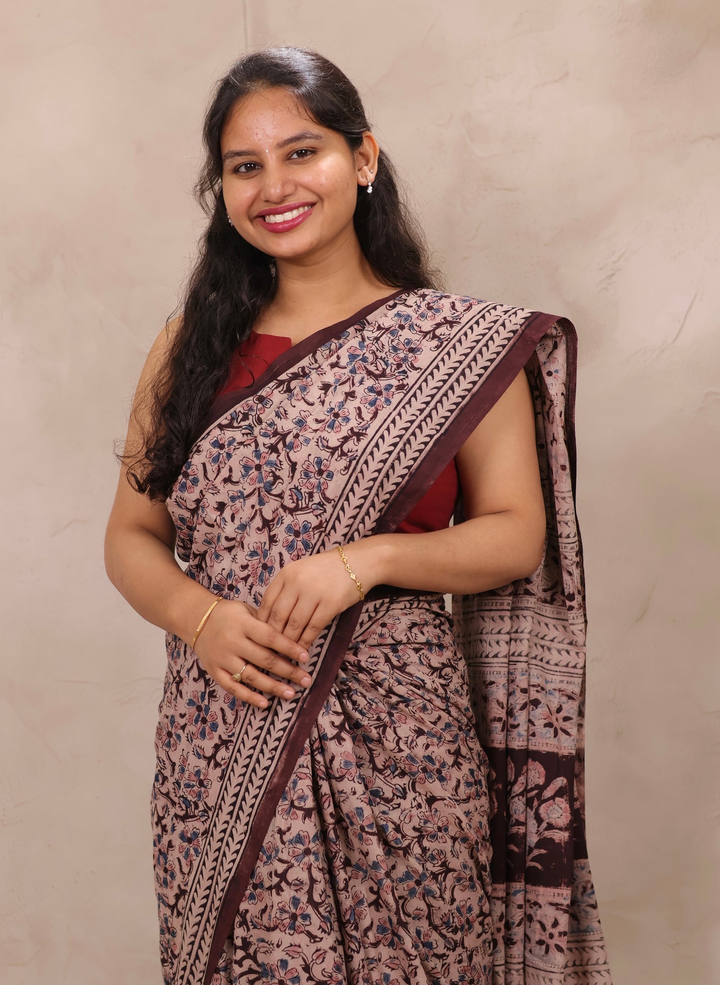 Brown Hand Block Printed Kalamkari Cotton Saree | Looms & Tassels