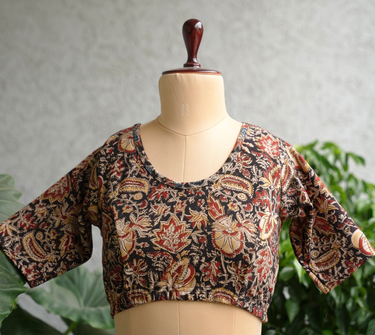 Black Round neck Stretchable Hand block printed kalamkari blouse