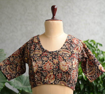 Black Round neck Stretchable Hand block printed kalamkari blouse