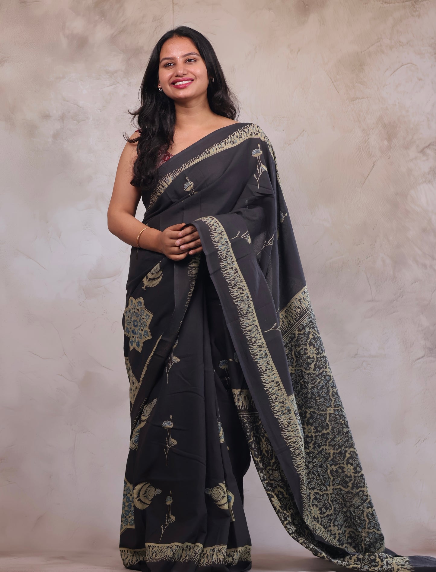 Elephant Grey Ajrakh Hand Block Printed Mul Cotton Saree | Looms & Tassels