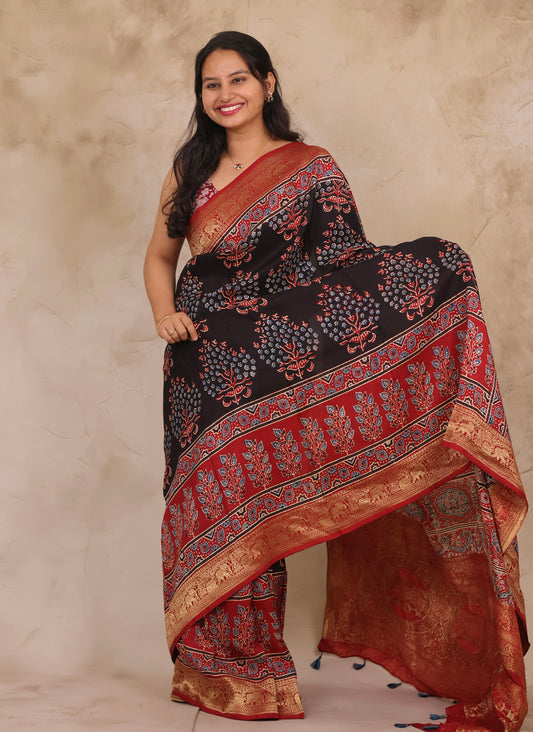 Black & Red Ajrakh Handblock printed Dola Silk Saree | Looms & Tassels