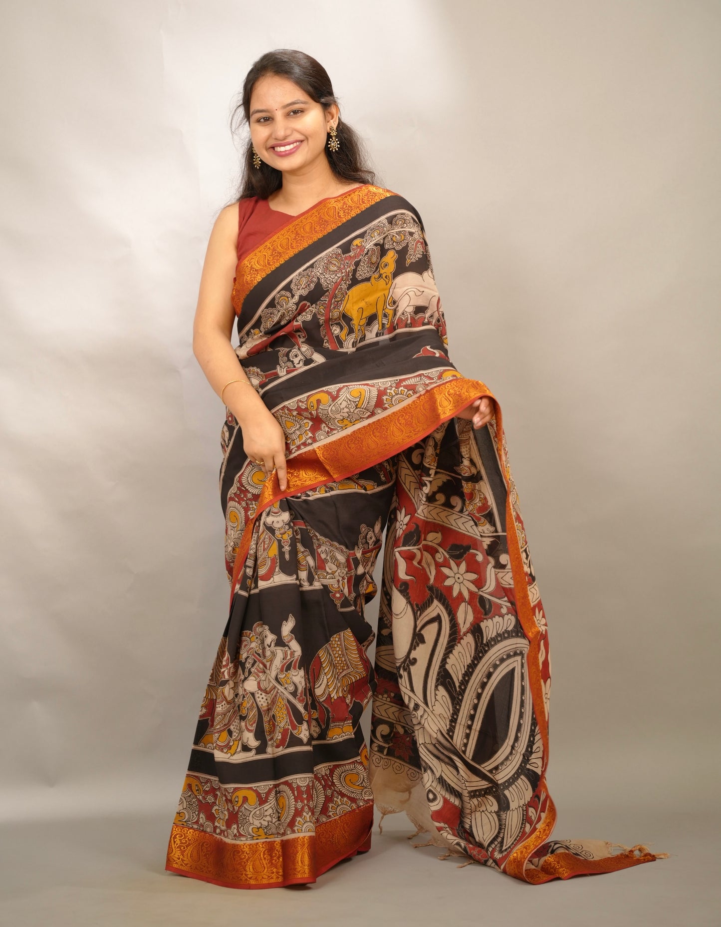Black Kanchi border Kalamkari chennur silk saree | Looms & Tassels