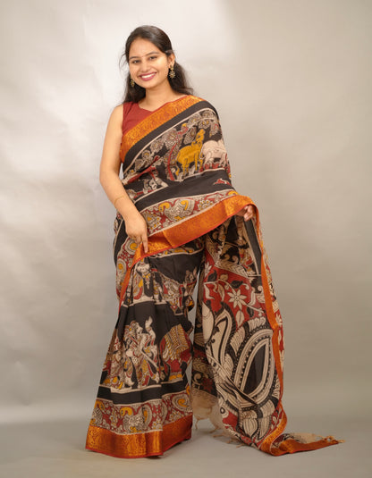 Black Kanchi border Kalamkari chennur silk saree | Looms & Tassels